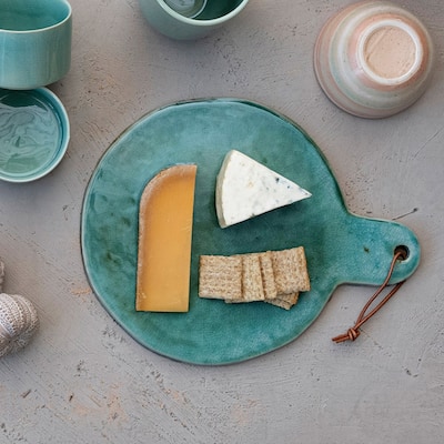 Stoneware Cheese Board with Leather Tie - 13.8"L x 10.8"W x 0.4"H