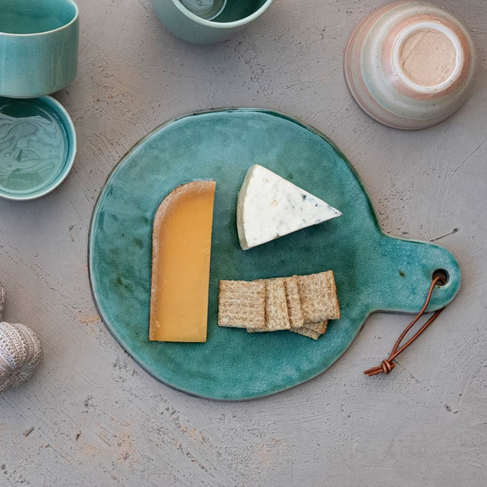 Stoneware Cheese Board with Leather Tie - 13.8"L x 10.8"W x 0.4"H