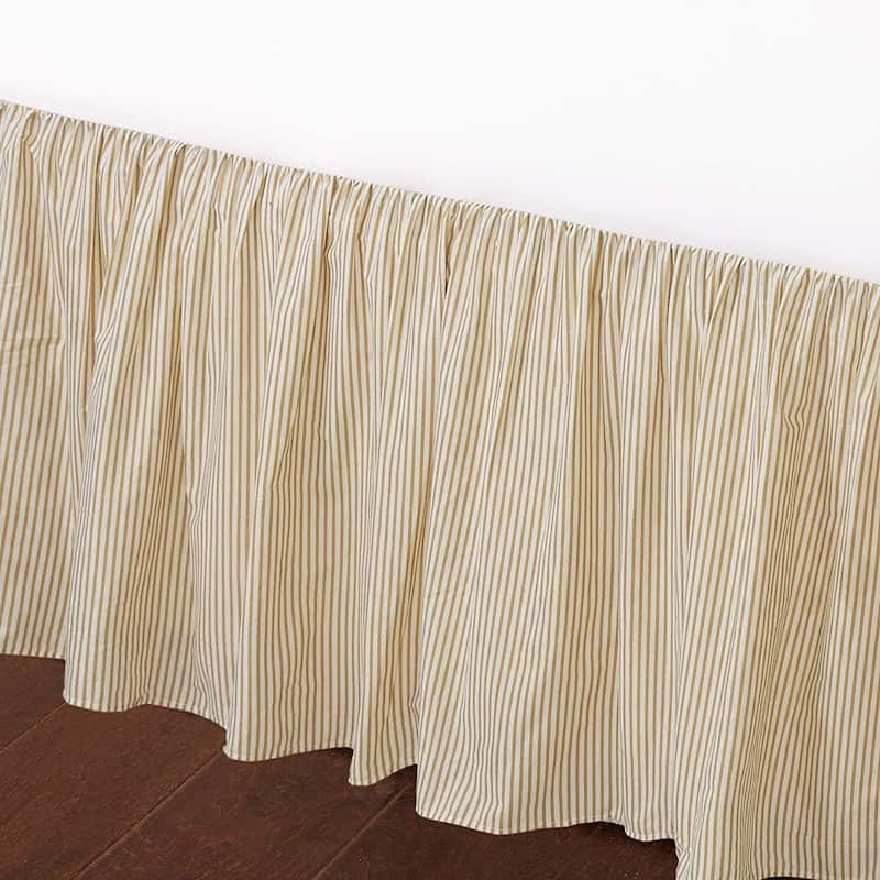 Cozy Line Golden Farmhouse Ticking Cotton Bed Skirt Cream Striped Ruffled Dust Ruffle, Tailored 16" Drop