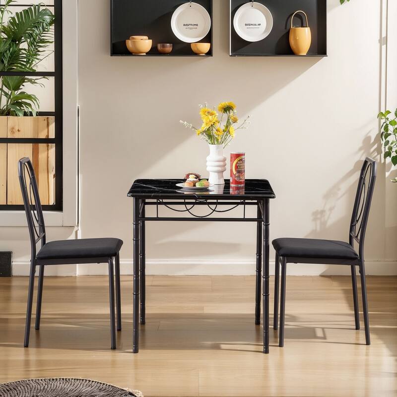 VECELO Industrial 3-Piece Space-Saving Square Dining Set MDF Table with Black PU Leather Dining Chairs Small Spaces