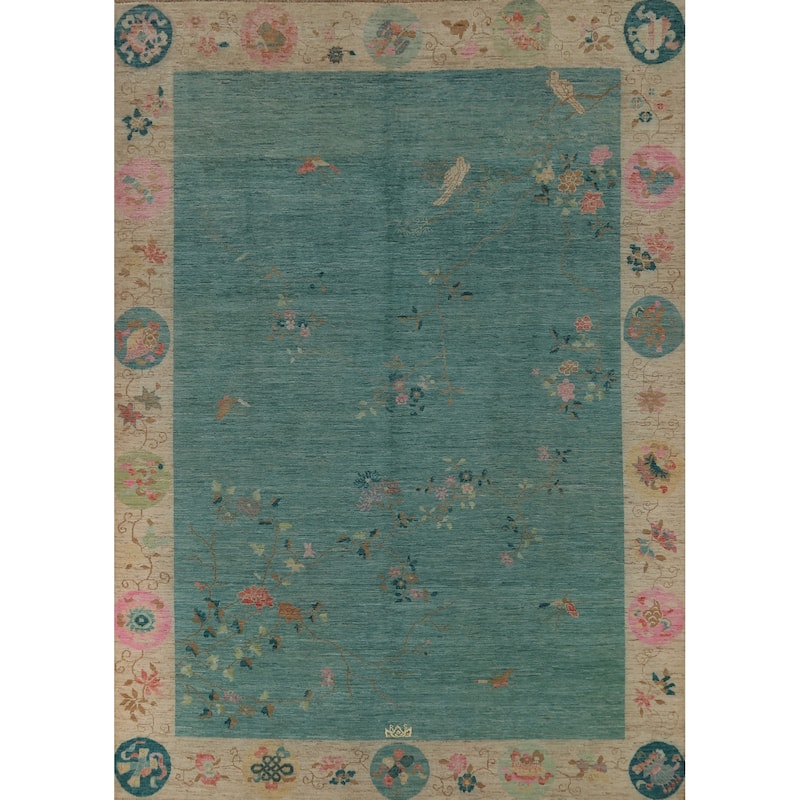 Vegetable Dye Art Deco Turkish Area Rug Handmade Wool Carpet - 9'1" x 11'10"