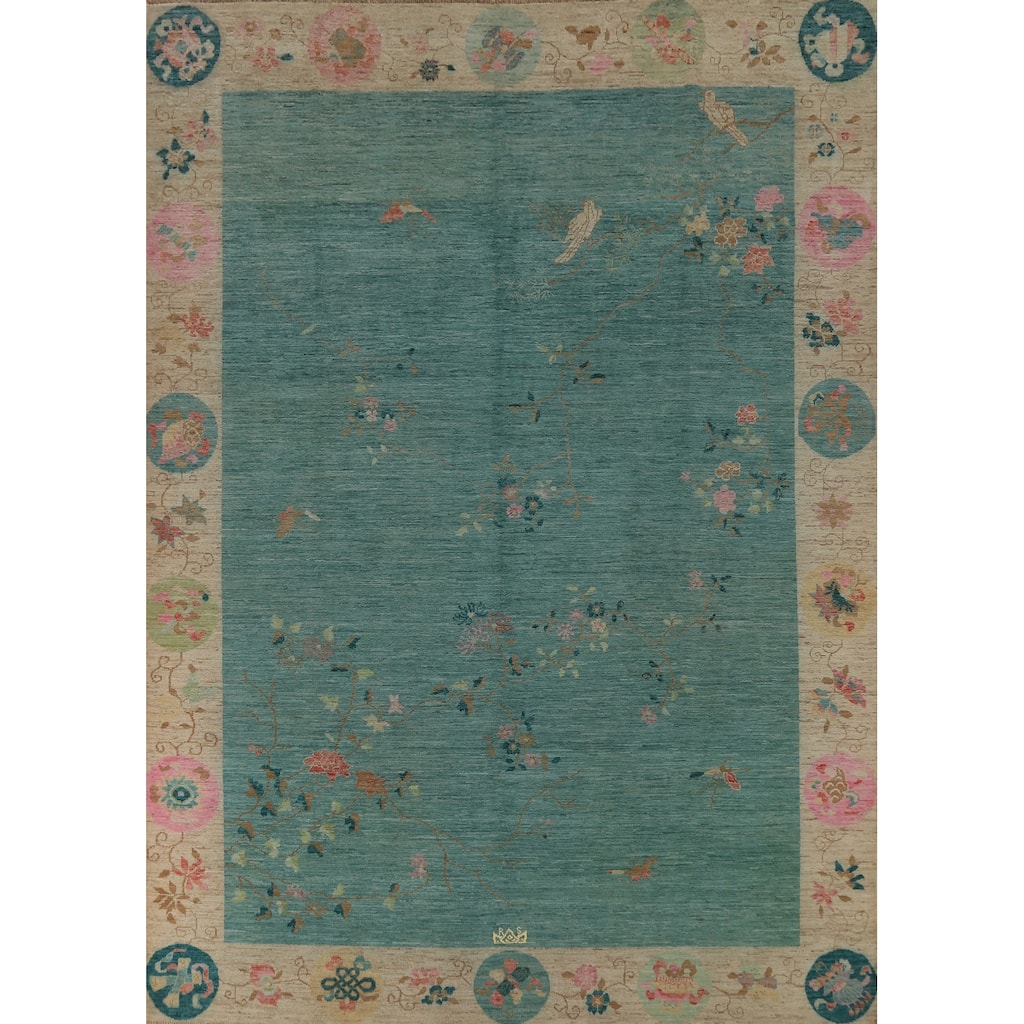 Hand Knotted Oriental 100% Wool Carpet Traditional Floral Navy Blue & Blues Art Deco Area Rug - 11' 10'' X 9' 1''