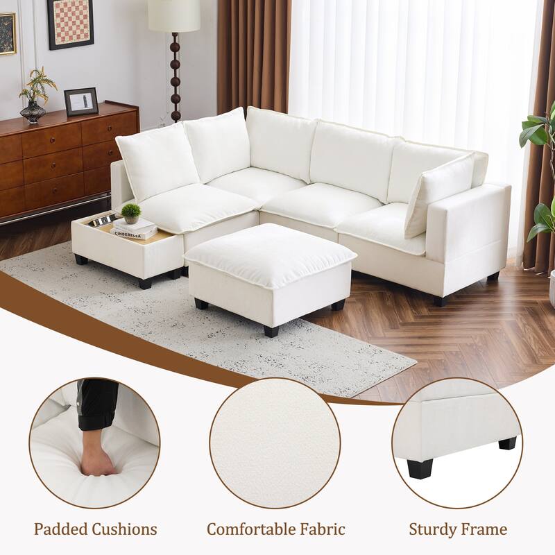 U-Shaped Sectional Sofa with Ottoman, Coffee Table with Hidden Charging Devices, Oversized Chenille Upholstered Cloud Sofa