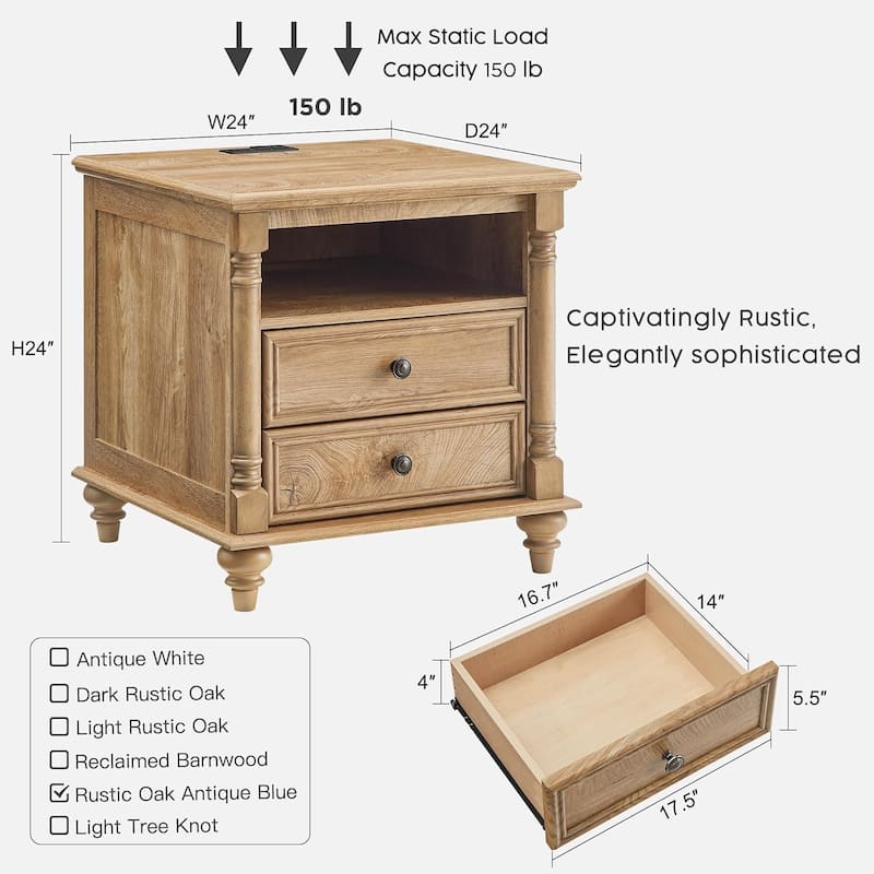 Farmhouse End Table, Sofa Side Table with Charging Station, Nightstand
