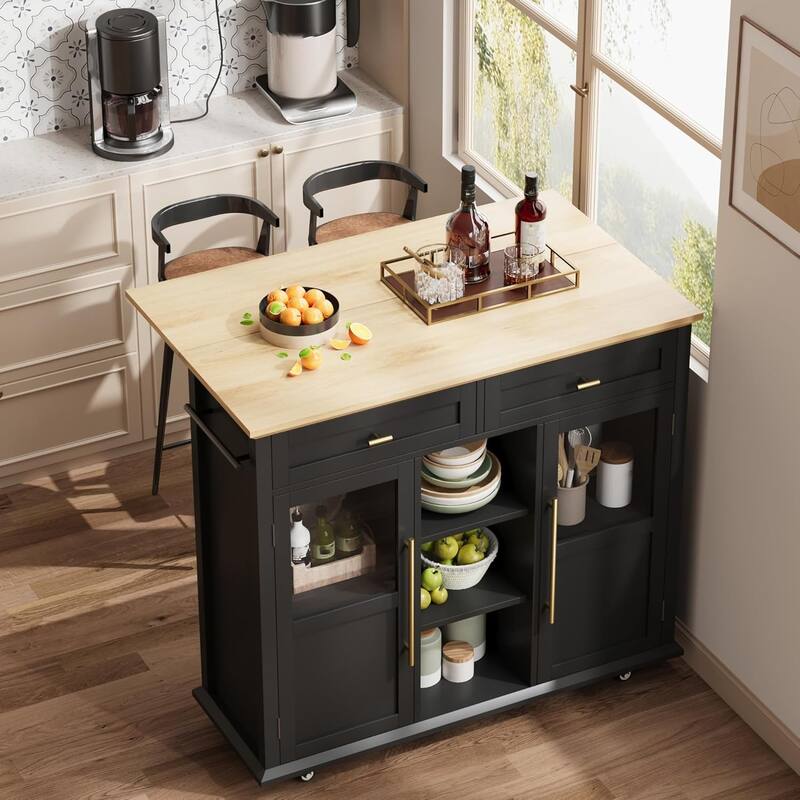Kitchen Island, Rolling Kitchen Island Cart On Wheels With Widen Drop Leaf Top, 2 Glass Doors, Spice Rack & Towel Holder
