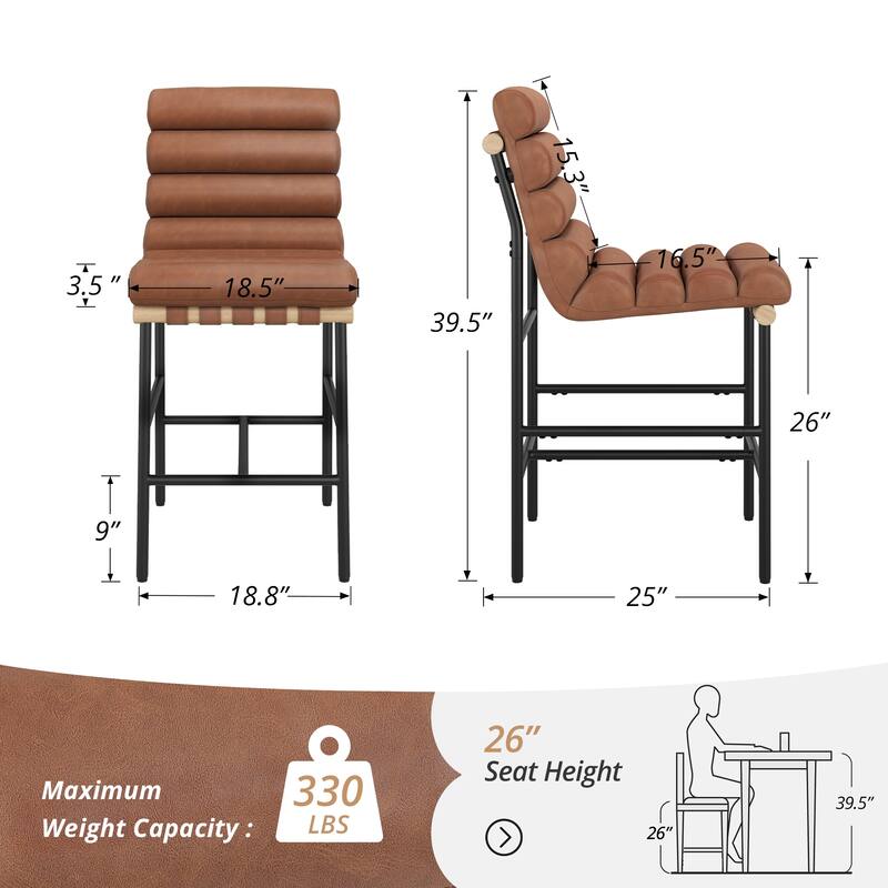26" Counter Height Solid Wood and Metal Frame Barstool Upholstered Back Bar Stool for Kitchen Island