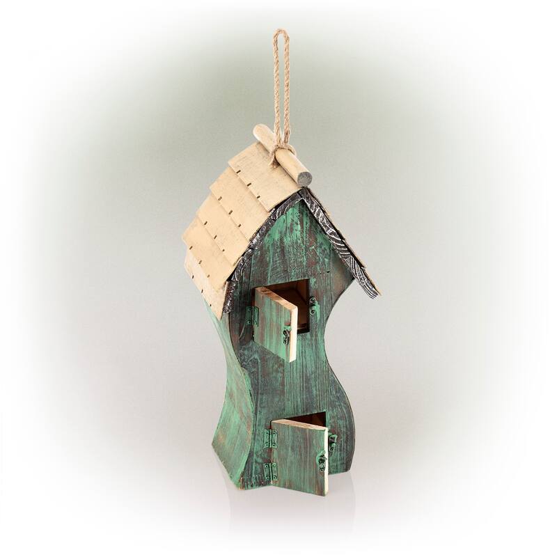 Alpine Corporation 17" Tall Outdoor Artful Swirly Hanging Wooden Birdhouse, Green