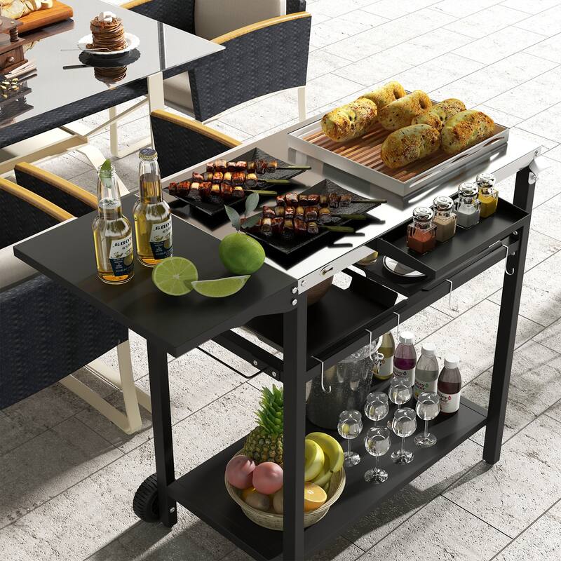 Outsunny Outdoor Bar cart with Stainless Steel Tabletop, Kitchen Island with Wheels, 2 Tiers & Seasoning Shelf