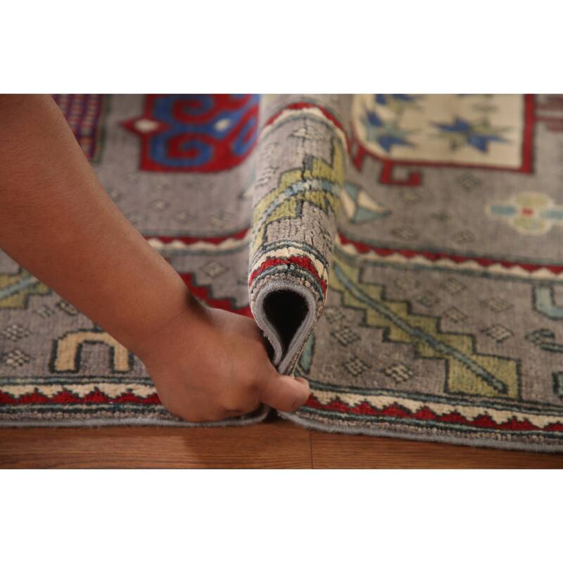 Geometric Gray Kazak Oriental Area Rug Handmade Wool Carpet - 6'4" x 9'0"