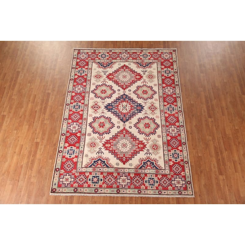 Geometric Kazak Area Rug Hand-Knotted Living Room Wool Carpet - 6'11" x 9'9"