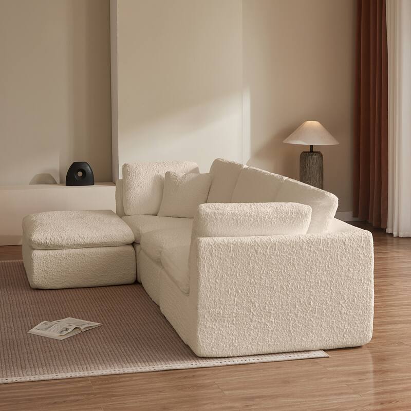 L-Shaped Convertible Cloud Sectional Sofa, Oversized Chenille Fabric Compressed Sofa, Modular 3 Seater Sofa with Ottoman