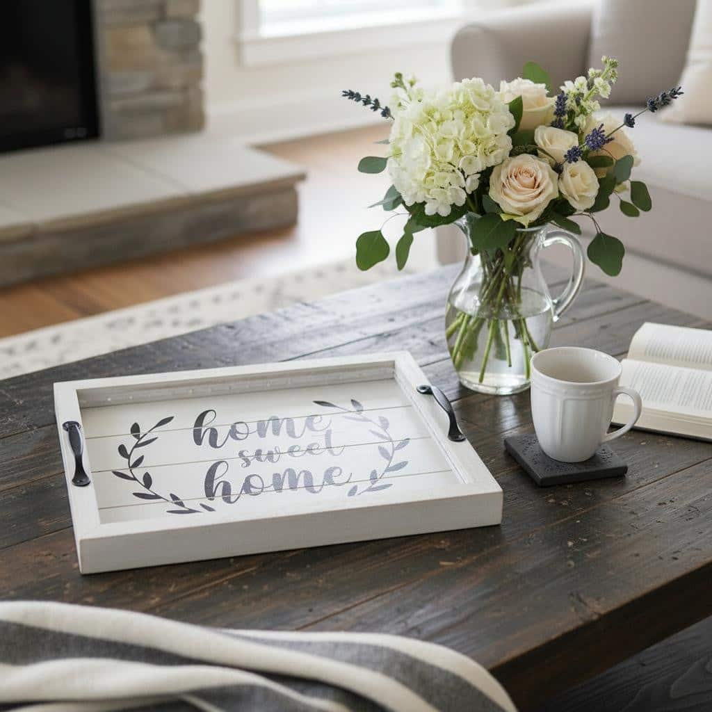 HomeRoots 16" Gray And Black Home Sweet Home Serving Tray With Handles And LED Lights - 15.50 in. x 2.25 in. x 12.00 in.