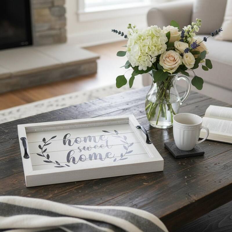 HomeRoots 16" Gray And Black Home Sweet Home Serving Tray With Handles And LED Lights - 15.50 in. x 2.25 in. x 12.00 in. - Black/Gray - 15.50 in. x 2.25 in. x 12.00 in.