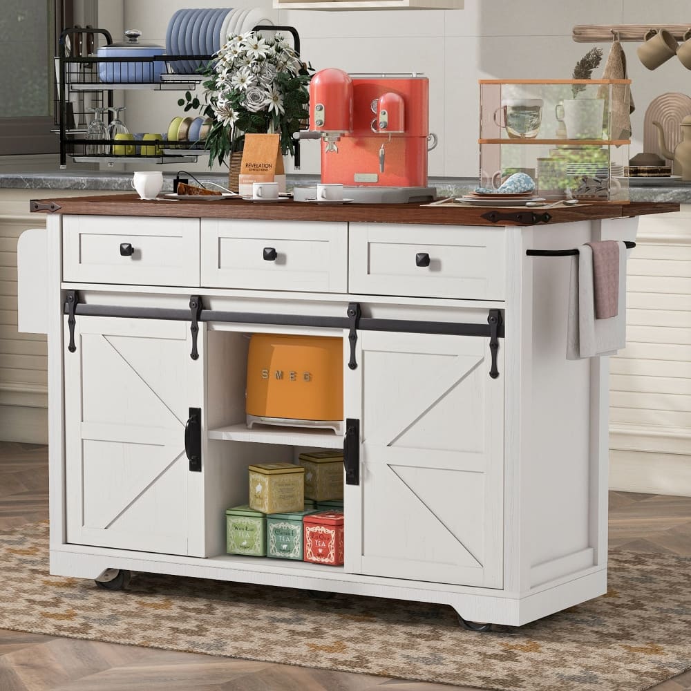 53.8" Farmhouse Rolling Kitchen Island with Power Outlet, 2 Sliding Barn Doors, Drop Leaf and Spice Rack