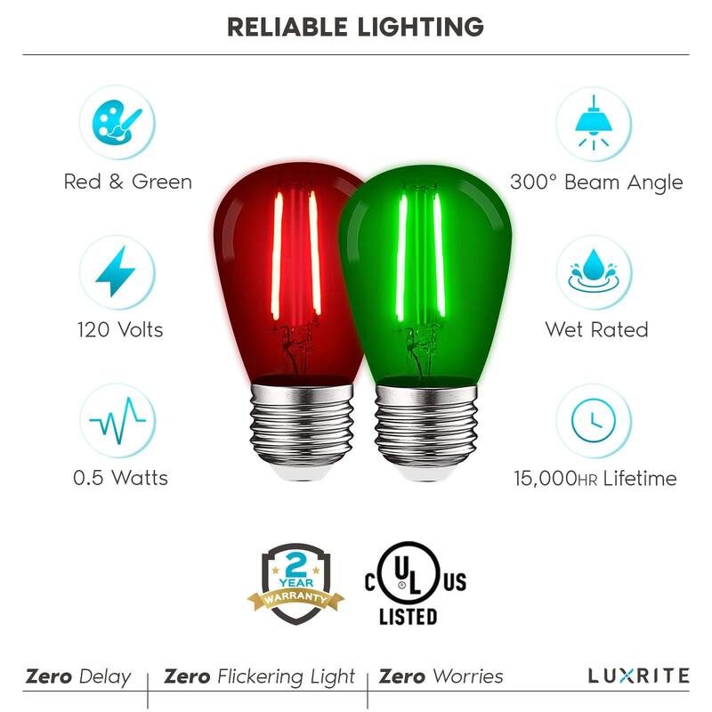 Luxrite S14 Christmas LED Red and Green Light Bulbs 0.5W Outdoor String Lights UL E26 Indoor Outdoor Holiday