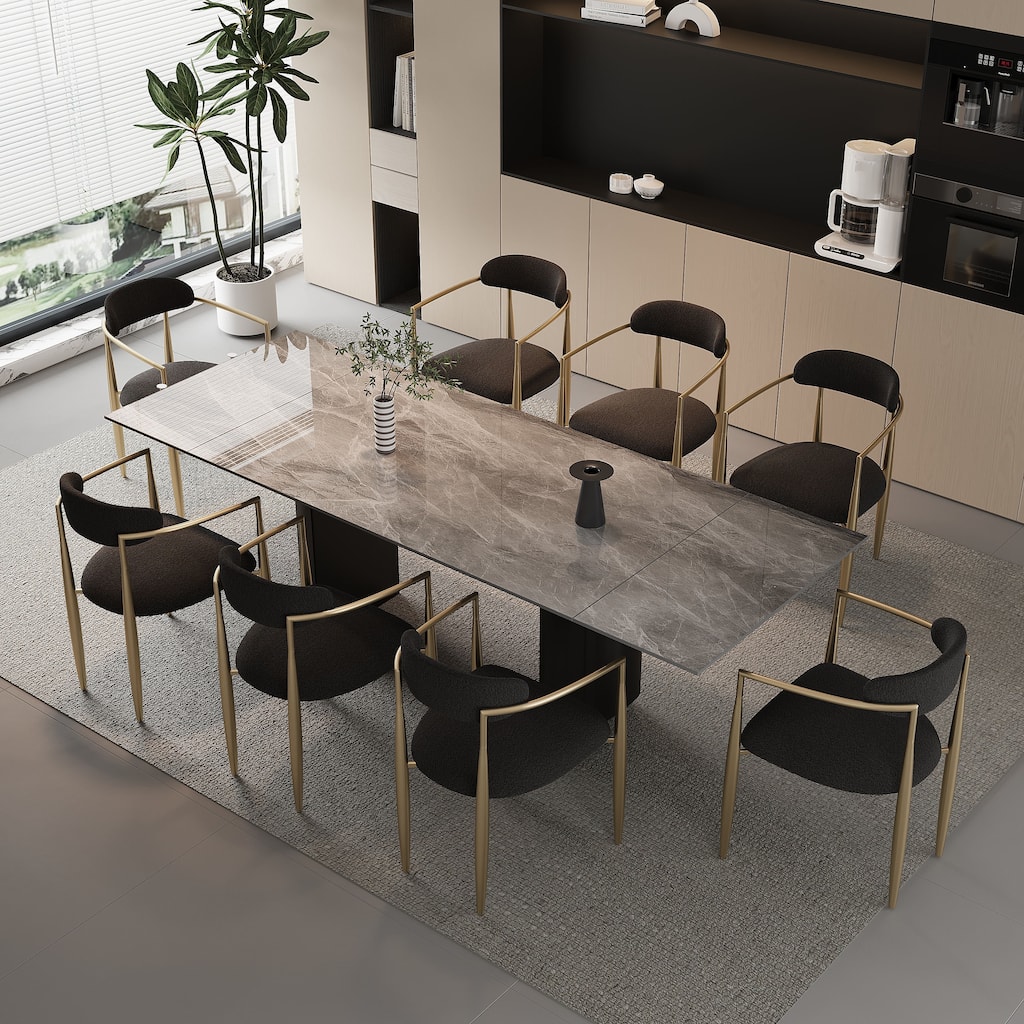 9 - Piece Extendable Sintered Stone Top Double Pedestal Dining Set With 8 Fabric Chairs
