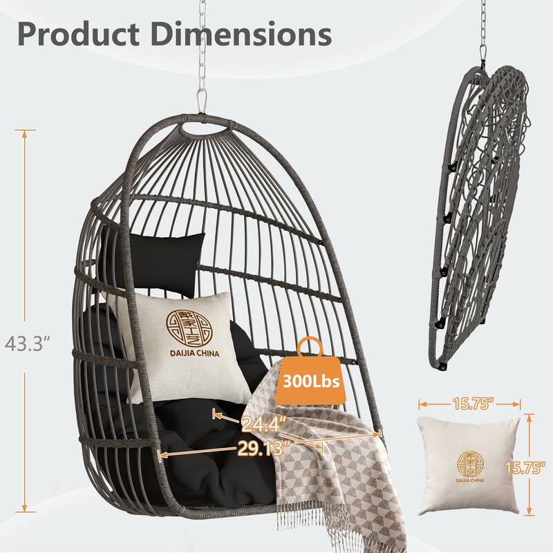 Hanging Chair PE Hanging Chair with Stainless Steel Suspension kit, Outdoor Garden Rattan Egg Swing Chair with Cushion