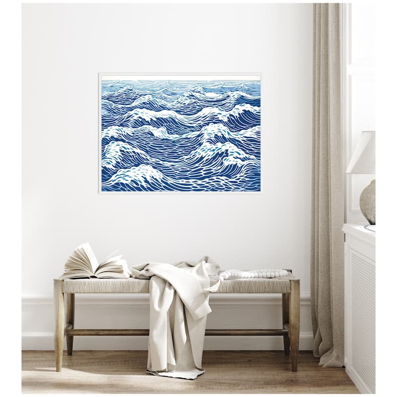 Kate and Laurel Sylvie Linocut Abstract Waves Blue and White Framed Canvas by The Creative Bunch Studio