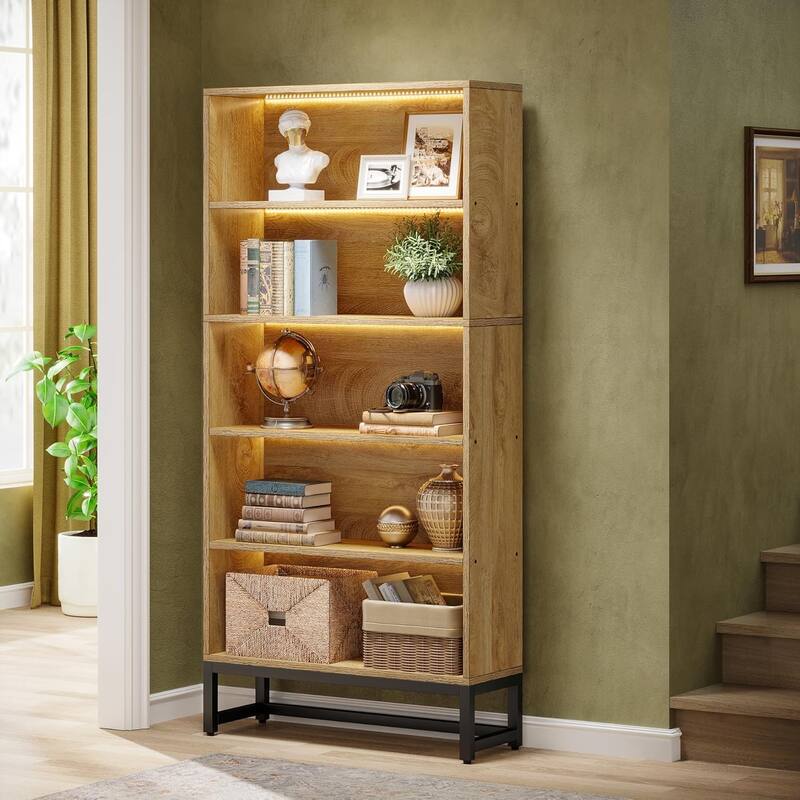 71" Tall Bookcase with LED Lights for Living Room, Bedroom (Brown ...