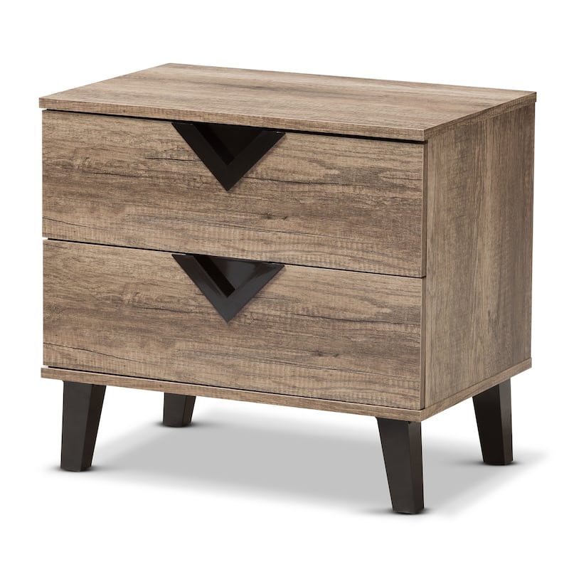 Modern Nightstand 2 Drawer Bedside Table, Oak Veneer & Black Accents, Bedroom Storage Organizer