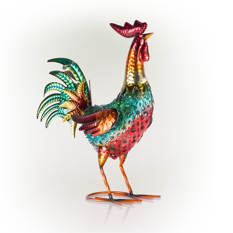 Alpine Corporation 16" Tall Outdoor Metallic Rooster Standing Yard Statue Decoration