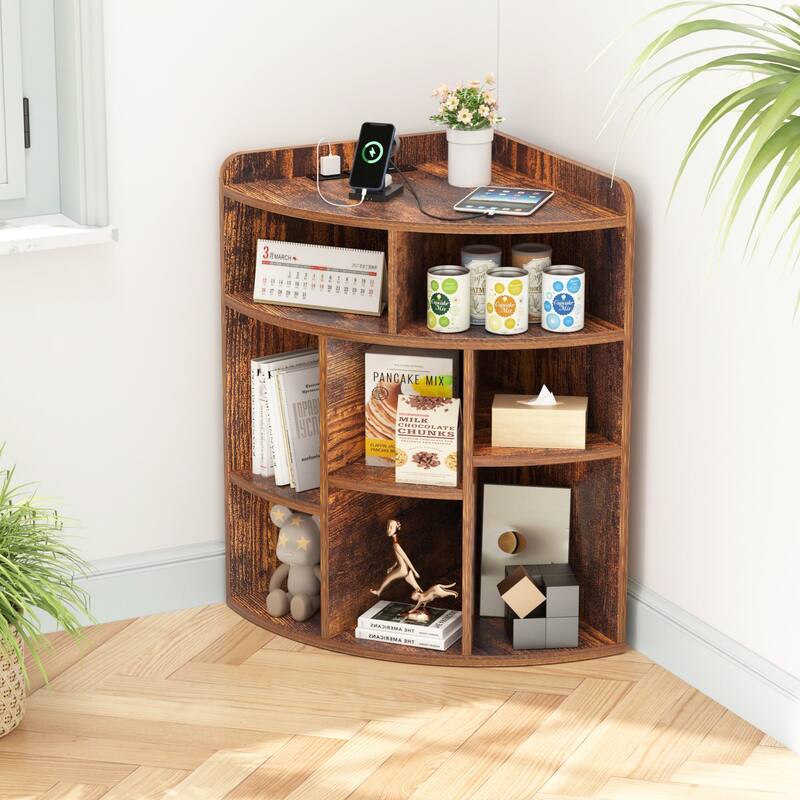 VECELO Corner Cabinet with Charging Station or No Charging Station 3-Tier Bookcase Storage Organizer Triangle Corner Bookcases