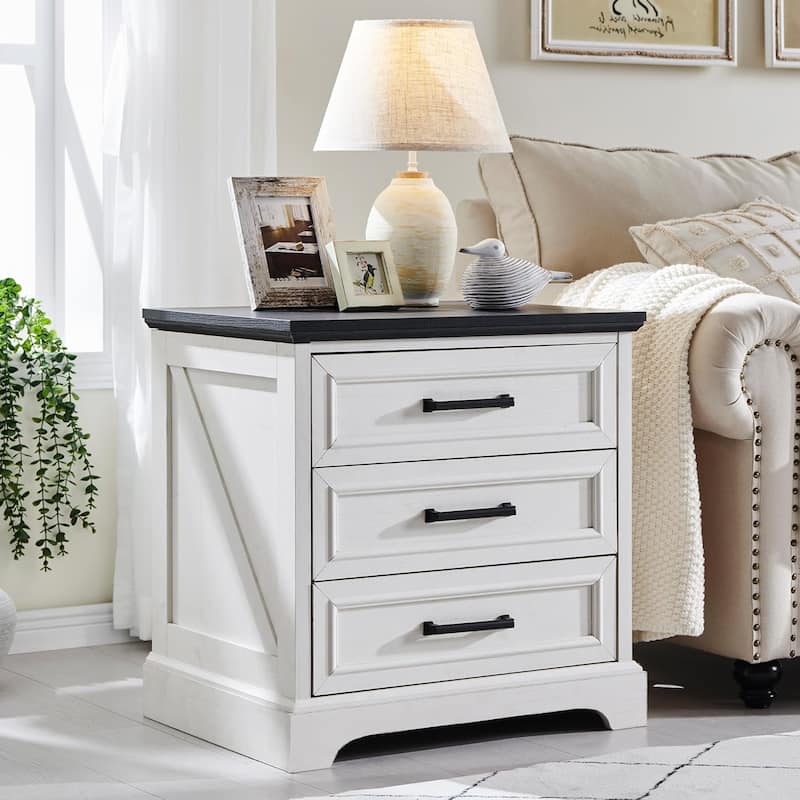 Farmhouse 3-Drawer Nightstand, Wide End Table with Charging Station