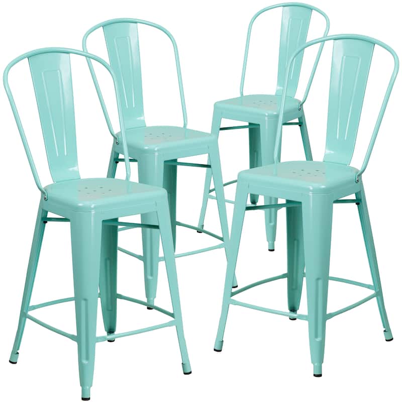 Indoor/Outdoor Modern Metal Counter Height Stools with Footrests (Set of 4) - Mint Green