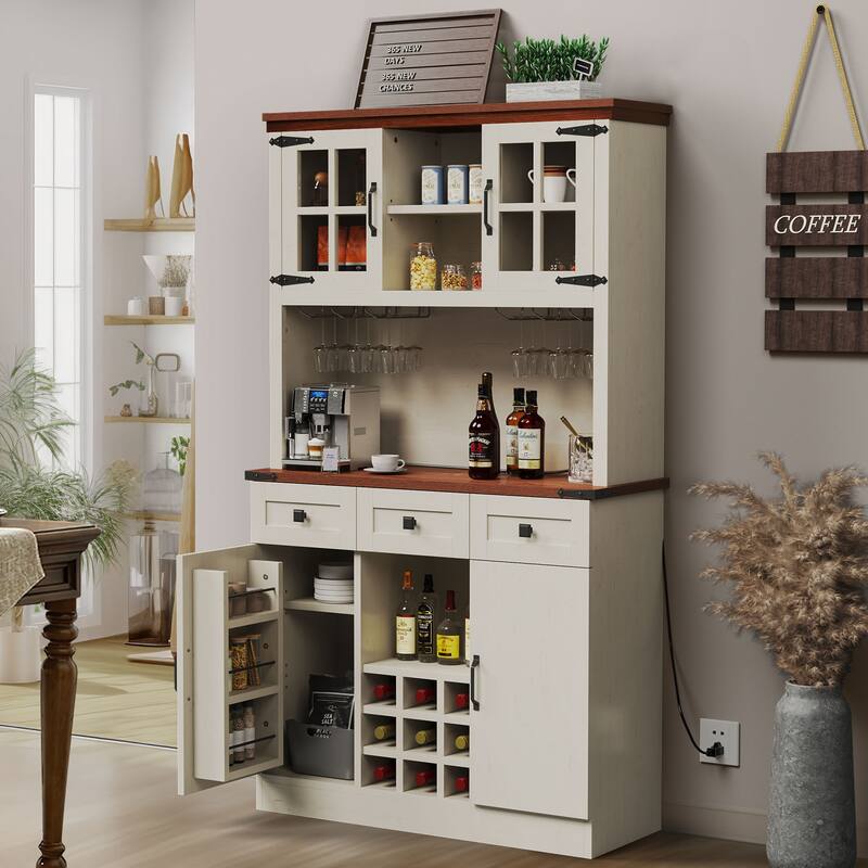 Moasis 72'' Kitchen Storage Cabinet Pantry Cupboard with Charging Station and 3 Drawers