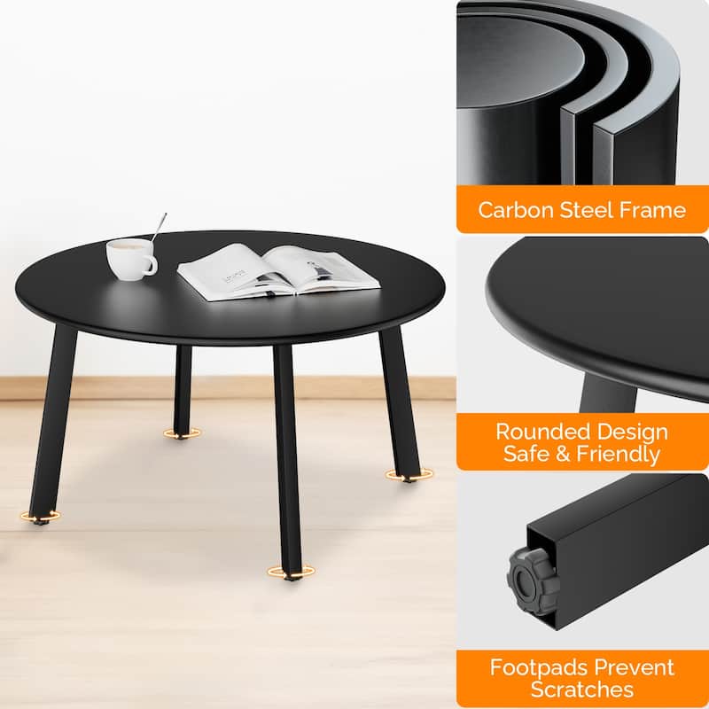 Black Iron Round Patio Coffee Table with Adjustable Feet - 27.6 x 27.6 x 15.4 in