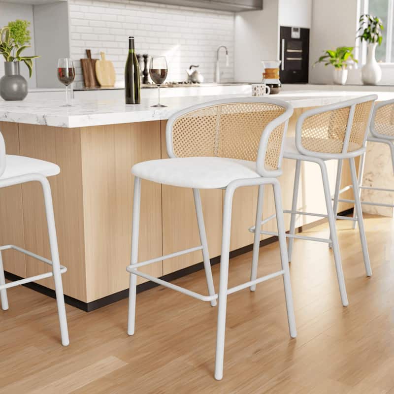 Ervilla Mid-Century Modern Low-Back Wicker Bar Stool with Soft Fabric Seat and White Powder-Coated Steel Frame, Counter Chair