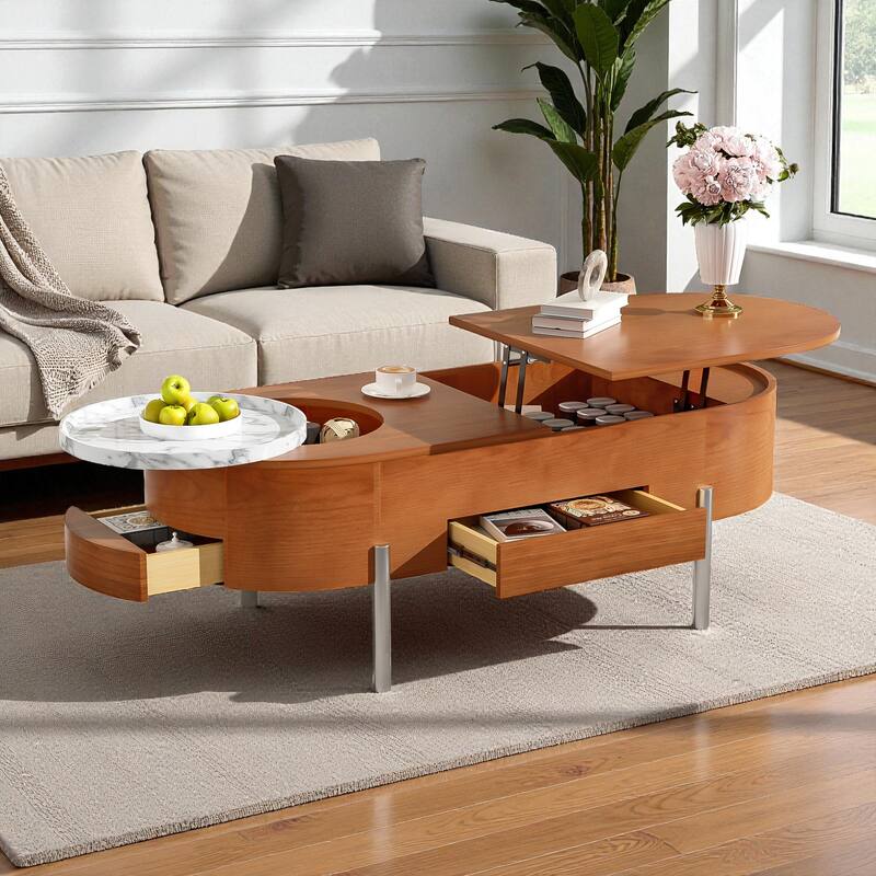 47.2'' Lift-Top Coffee Table with 360掳 Rotating Tray, Hidden Storage & Drawers, Modern Marble-Patterned Oval Center Table - Brown