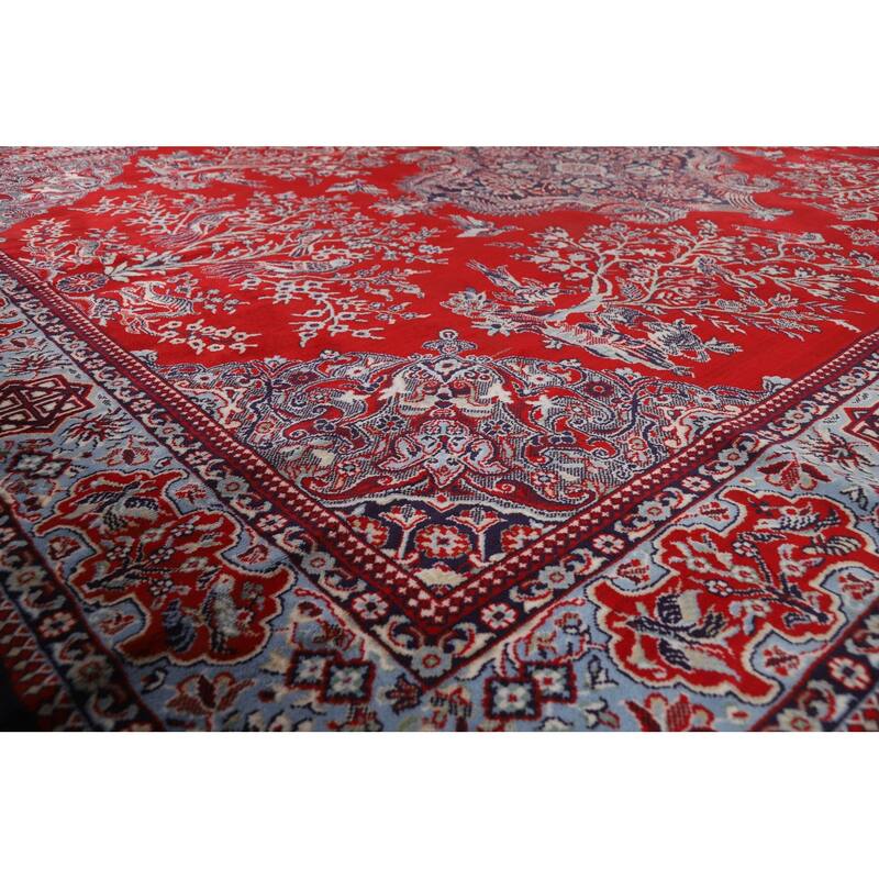 Machine Made Oriental Polyester Carpet Traditional Floral Red Kashan Area Rug - 12' 7'' X 9' 8''