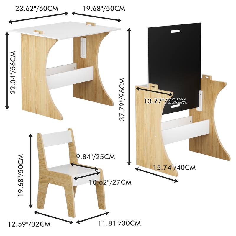 Kids Table Set (1 Chair), Multifunctional Solid Wood Desk - Convertible Top for Learn/Draw/Play, Natural Wood - 22*23*19