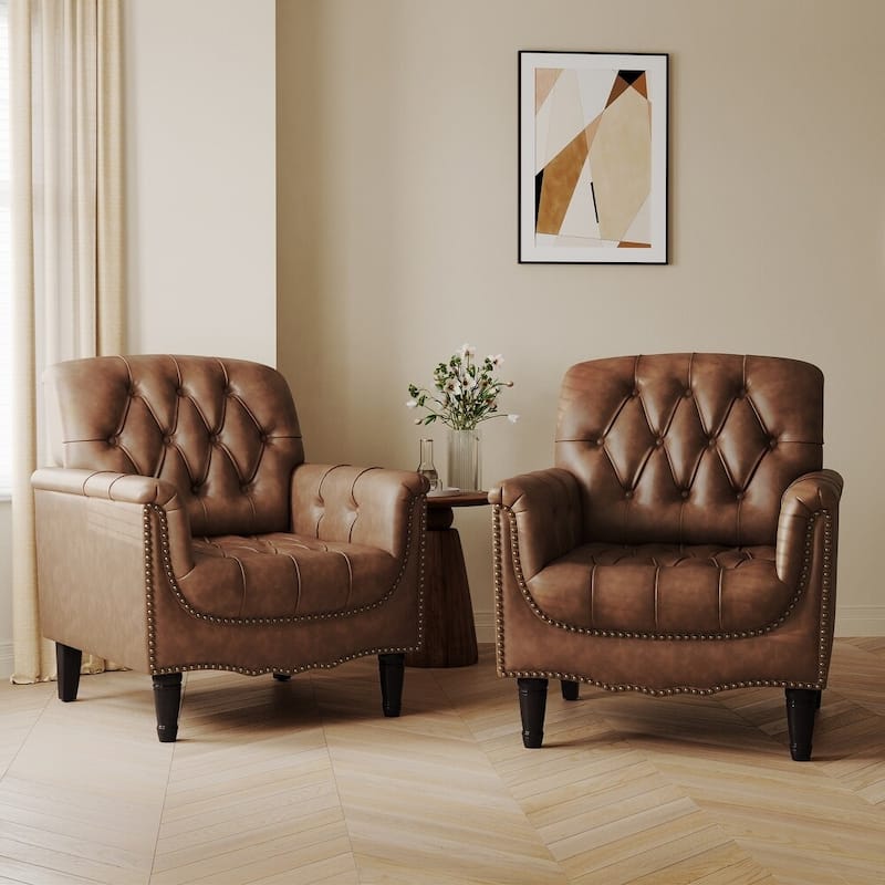 Traditional Faux Leather Tufted Accent Arm Chair with Nailhead Trim