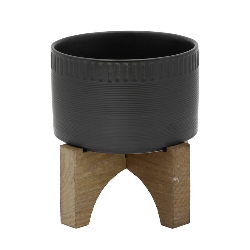 Mid-Century 7" Dumpling Ceramic Planter on Wood Stand,Matte White