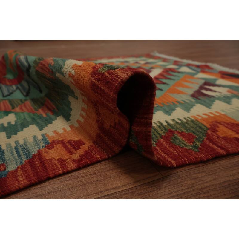 Hand Woven Oriental 100% Wool Carpet Southwestern Geometric Multi-Colored Kilim Area Rug - 4' 3'' X 2' 9''