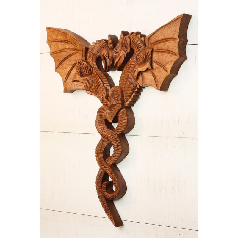 12" Dragon Couple Wooden Wall Art - Hand Carved Twin Dragon Sculpture, Rustic Fantasy Home Decor