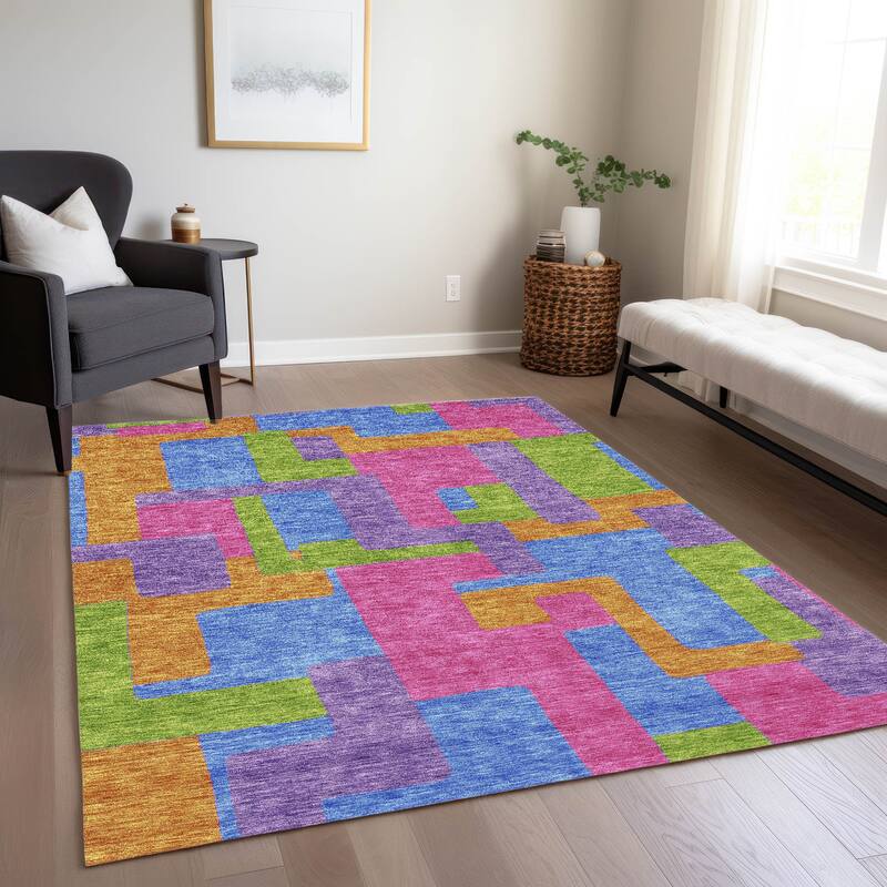 Machine Washable Indoor/ Outdoor Chantille Contemporary Blocks Rug