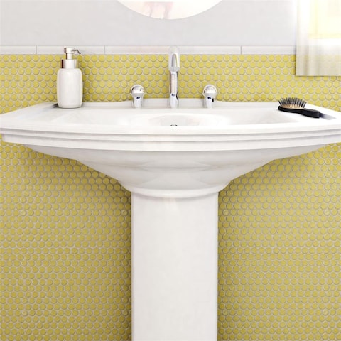 Merola Tile Hudson Penny Round Vintage Yellow 12" x 12.63" Porcelain Mosaic Tile