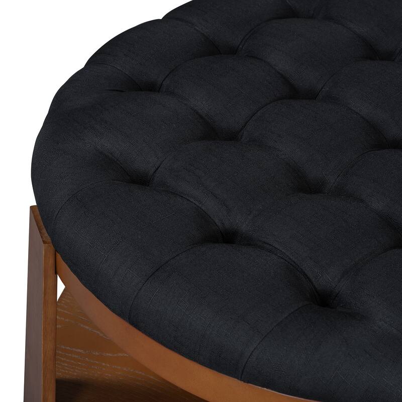 Coffee Table 2-Tier Button Tufted Ottoman with Wood Shelf,Upholstered Coffee Table,Footrest Ottoman with wheel,waterproof Linen