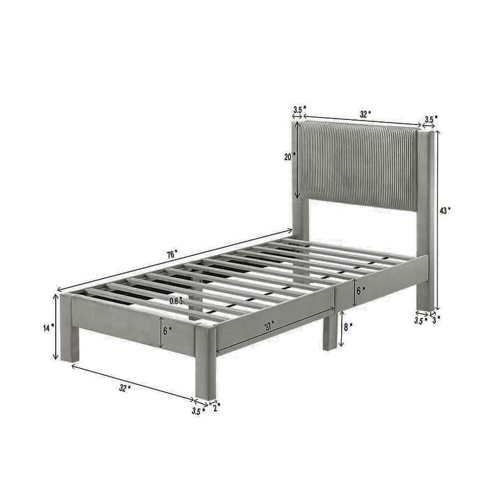 Twin Size Wood Platform Bed with Ribbed Upholstered Headboard and Low-Profile Frame