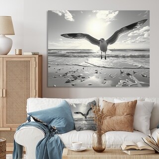 Designart "Grey Beach Seagulls In Flight IV" Animals Canvas Wall Art ...