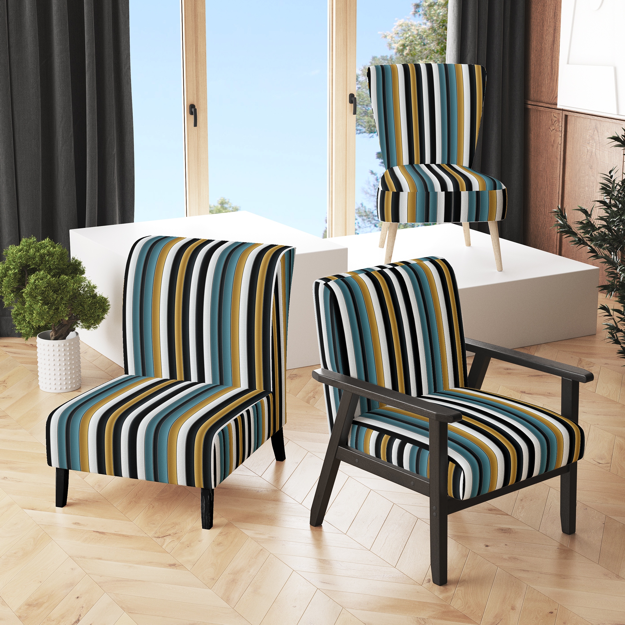 Designart Green And Gold Classic Pinstripe Pattern Upholstered Striped Accent Chair and Modern Contemporary Arm Chair