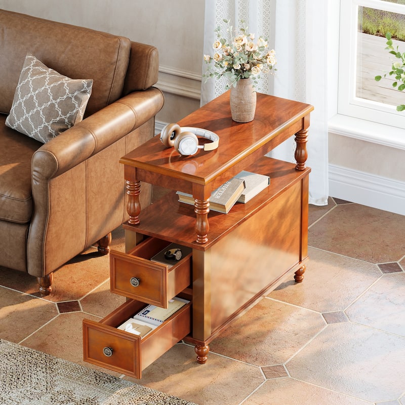 Solid Wood 2-Drawers Side Table