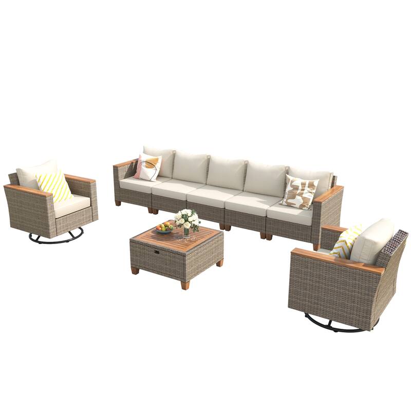 8-Piece Patio Furniture Set with Storage Table and Rattan Swivel Rocking Chairs, Outdoor Wicker Conversation Set for Backyard