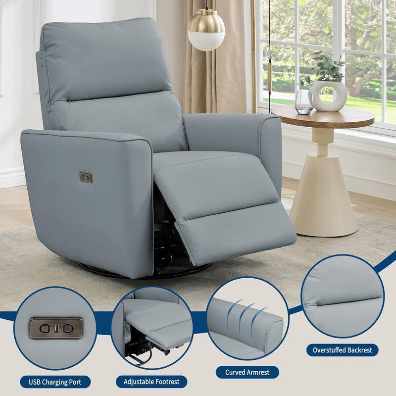 Power Recliner Swivel Chair Rockery Glider PU Leather Nursery Chair with USB Port