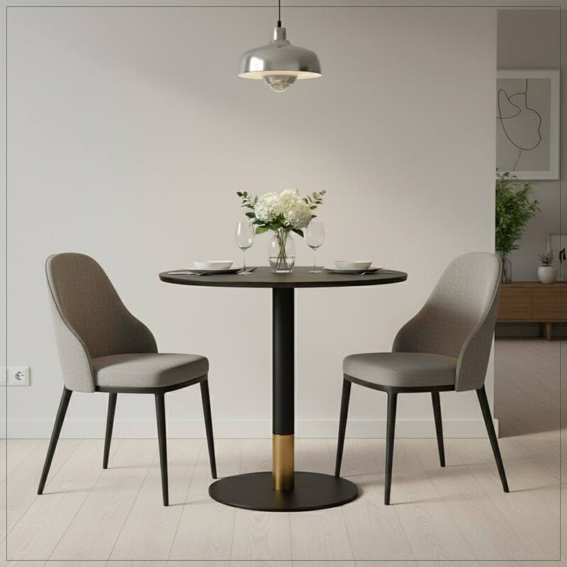 Vail Round Dining Table 27 in. Sintered Stone Tabletop in Black Stainless Steel Round Pedestal Base with Gold Accents
