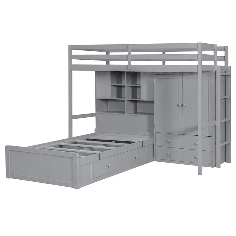 L-shaped Bunk Bed Twin Over Twin with Side Wardrobe and Under Drawers, Down Hydraulic Bed with Storage Shelves for Bedroom