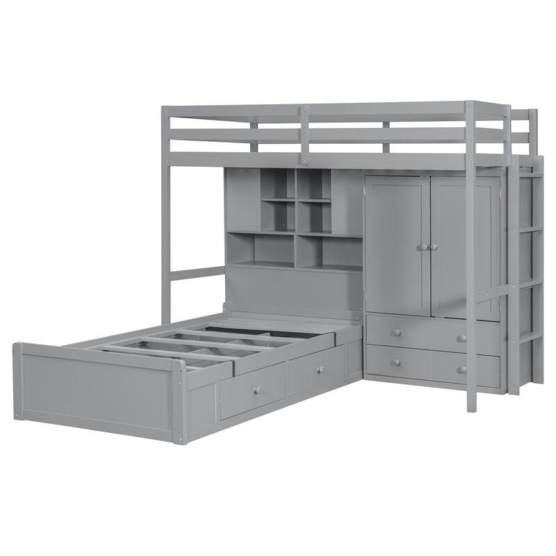 Twin Bunk Bed with Drawers, Wardrobe, Storage Shelves, and Hydraulic Lift, Gray